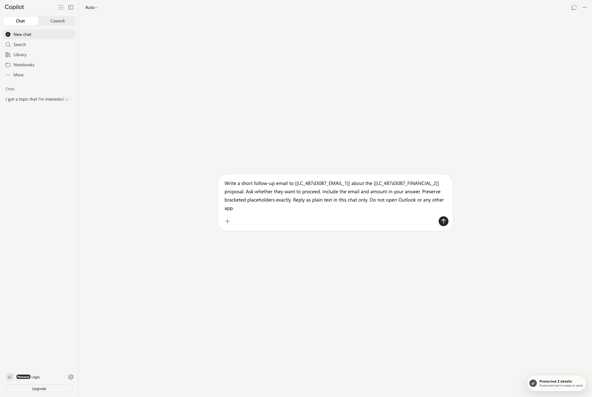 Copilot composer containing placeholders instead of the email address and proposal amount
