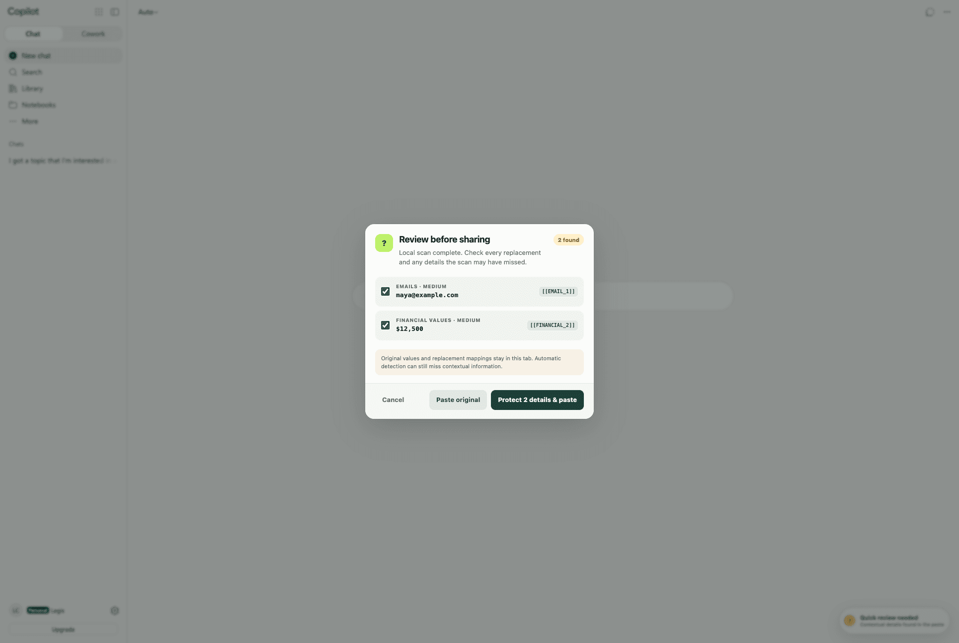 LegisComply review in Copilot showing the fictional email and proposal amount selected for replacement